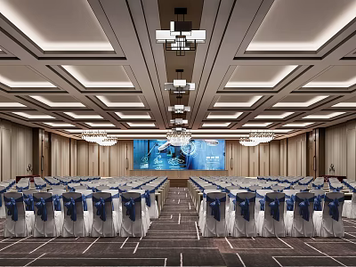Spacious Modern Conference Room With Arranged Seats Large Screen And Chandeliers 3d model