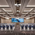 Spacious Modern Conference Room With Arranged Seats Large Screen And Chandeliers