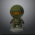 Green Character Model With Orange Visor And Green Armor On Base Stand