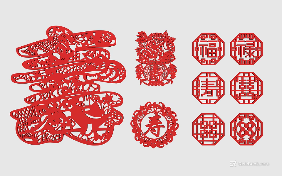 Traditional Chinese Red Paper Cutting Wall Decor with Lucky Symbols Fu Lu Shou Xi Patterns 3d model 
