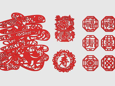 Traditional Chinese Red Paper Cutting Wall Decor with Lucky Symbols Fu Lu Shou Xi Patterns 3d model