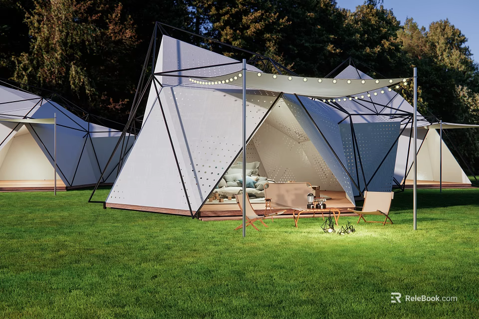 Modern Geometric Outdoor Tent In Grass Field With String Lights And Wooden Furniture 3d model 