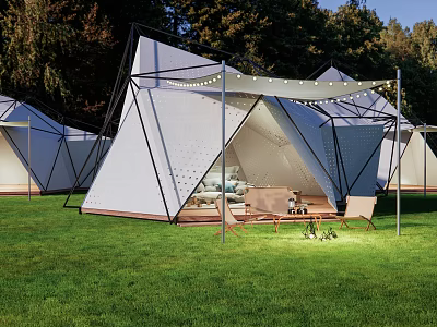 Modern Geometric Outdoor Tent In Grass Field With String Lights And Wooden Furniture 3d model