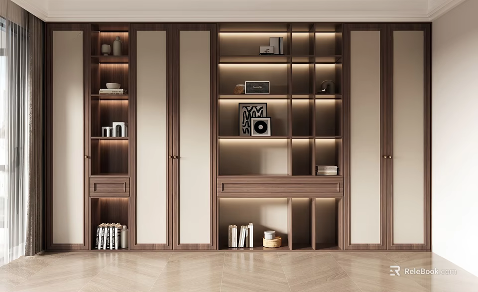 Modern Wooden Bookcase Design with Open Shelves LED Lighting and Decorative Books 3d model 