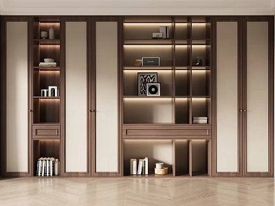 Modern Wooden Bookcase Design with Open Shelves LED Lighting and Decorative Books 3d model