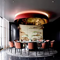 Elegant Modern Private Dining Room With Round Table Chairs Landscape Painting Red Ceiling Light