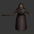 Hooded Old Woman In Dark Robe Holding Stick With Arms Outstretched