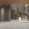 Modern Elegant Foyer Interior With Marble Walls Spiral Staircase And Green Plant