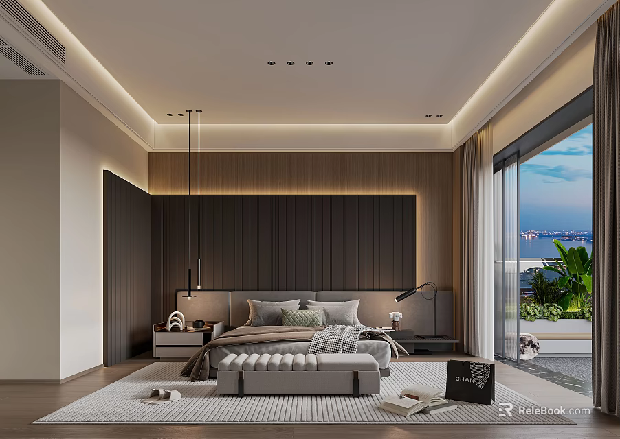 Modern Bedroom Interior Design With Bed Headboard Rug And Floor to Ceiling Window 3d model 