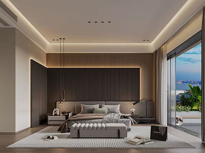 Modern Bedroom Interior Design With Bed Headboard Rug And Floor to Ceiling Window 3d model