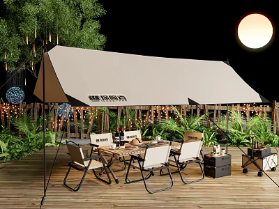 Cozy Campsite On Wooden Deck With Awning Outdoor Tables Chairs And Green Plants 3d model