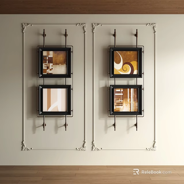Abstract Paintings with Black Frames Hanging on Light Wall Featuring Geometric Patterns and Curved Lines 3d model 