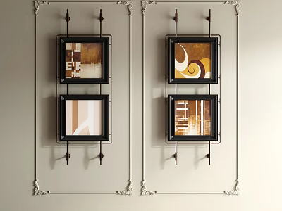 Abstract Paintings with Black Frames Hanging on Light Wall Featuring Geometric Patterns and Curved Lines 3d model
