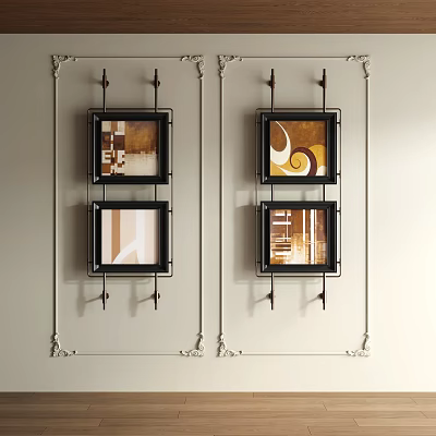 Abstract Paintings with Black Frames Hanging on Light Wall Featuring Geometric Patterns and Curved Lines 3d model