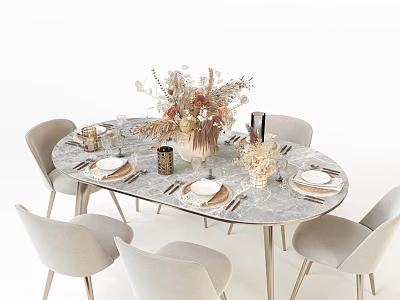 Elegant Oval Dining Table Set With Light Colored Chairs Marble Top And Dried Flower Decorations 3d model