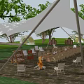 Scenic Camping Site With Tents Campfire Wooden Tables Chairs Trees And Playground