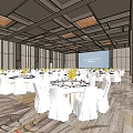 Formal Banquet Hall With White Chairs Tables Yellow Floral Centerpieces Projection Screen And Ceiling Lights