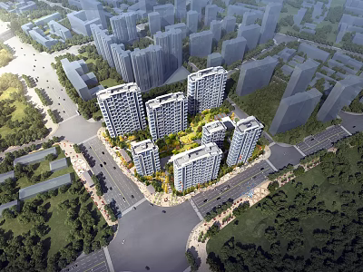 Aerial Planning Of Residential Community With Tall Buildings Roads And Greenery 3d model