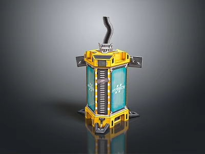 Yellow Framed Mechanical Device With Blue Transparent Panels Metal Brackets And Top Pipe 3d model