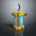 Yellow Framed Mechanical Device With Blue Transparent Panels Metal Brackets And Top Pipe