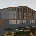 Modern Office Building Featuring Wooden Roof Large Glass Windows Open Plaza And Surrounding Greenery