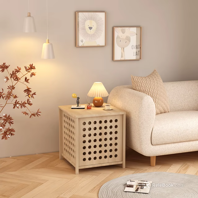 Modern Wooden Side Table With Round Hole Design Lamp And Sofa In Living Room 3d model 