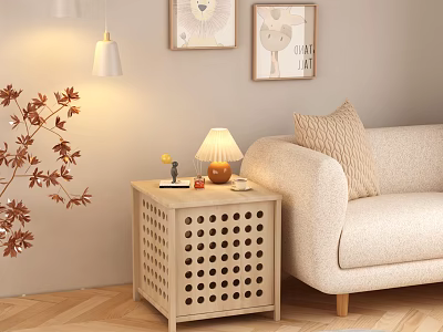 Modern Wooden Side Table With Round Hole Design Lamp And Sofa In Living Room 3d model