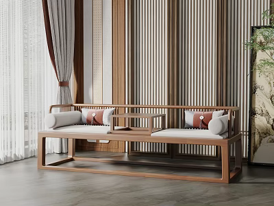 Traditional Chinese Wooden Luohan Bed With Soft Cushions And Small Side Table 3d model
