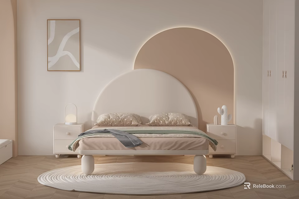 Cozy Kids Bed with Curved Headboard Round Legs Nightstand Lamp Wall Art and Area Rug 3d model 