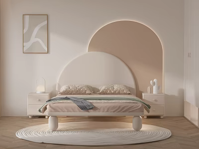 Cozy Kids Bed with Curved Headboard Round Legs Nightstand Lamp Wall Art and Area Rug 3d model