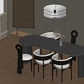 Modern Black Oval Dining Table Set With White Cushioned Chairs Dried Flower Vase And Pendant Light