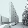 Modern High Rise Office Building With Glass Curtain Wall Street Cars And Pedestrians