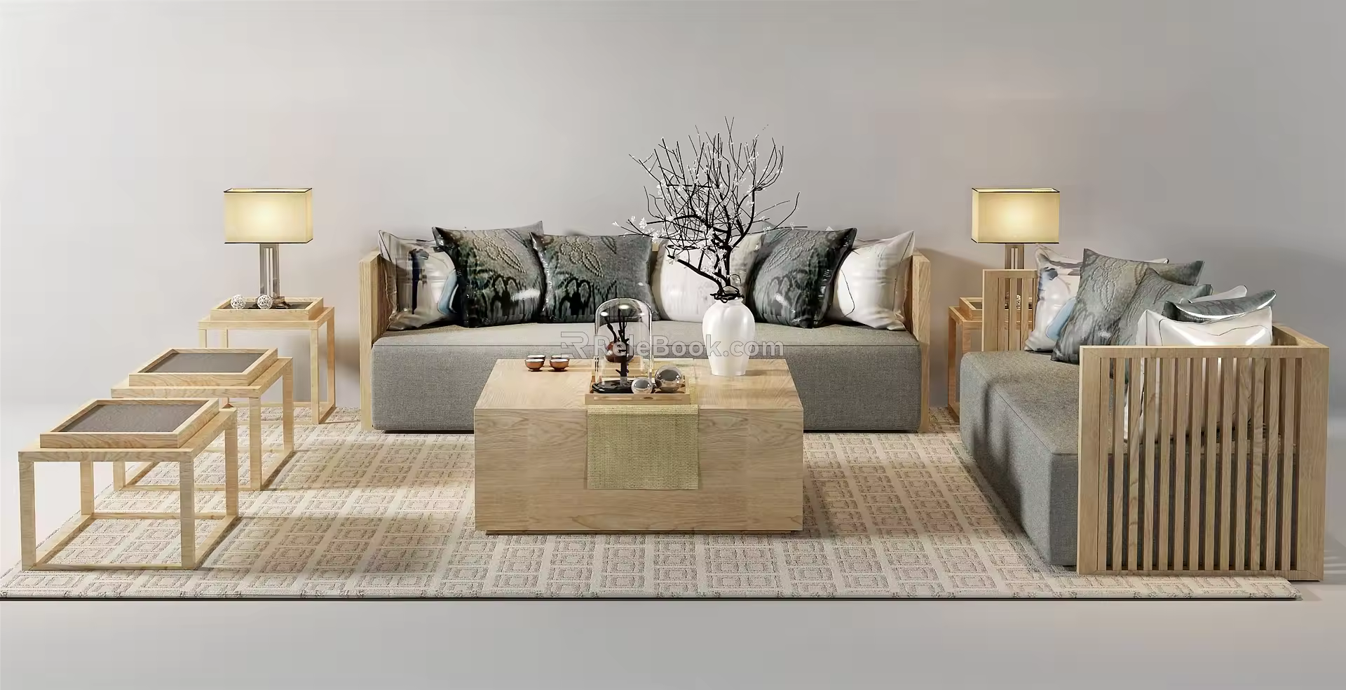 New Chinese Style Sofa Coffee Table Combination Sofa Combination Log Sofa Coffee Table Single Chair 3d model