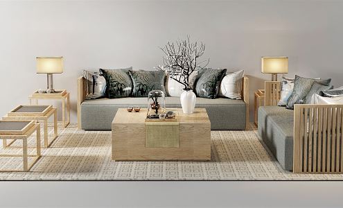 New Chinese Style Sofa Coffee Table Combination Sofa Combination Log Sofa Coffee Table Single Chair 3d model