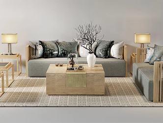 New Chinese Style Sofa Coffee Table Combination Sofa Combination Log Sofa Coffee Table Single Chair 3d model