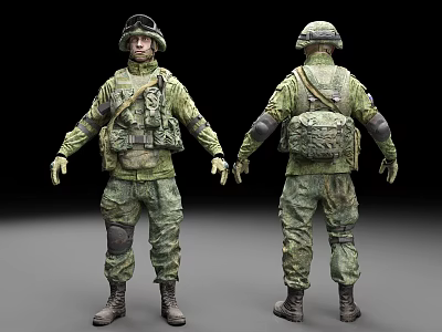 Military Soldier in Camouflage Uniform Front and Back View with Tactical Gear 3d model