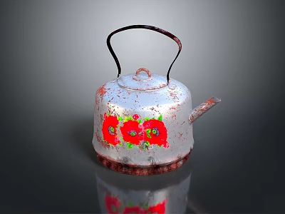 Vintage Kettle With Red Double Happiness Characters And Weathered Surface Design 3d model