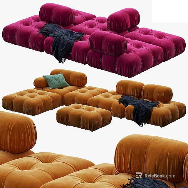 Multi Seater Sofa in Pink and Orange Velvet with Tufted Design Throw Blanket and Cushion 3d model 