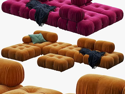 Multi Seater Sofa in Pink and Orange Velvet with Tufted Design Throw Blanket and Cushion 3d model