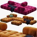 Multi Seater Sofa in Pink and Orange Velvet with Tufted Design Throw Blanket and Cushion