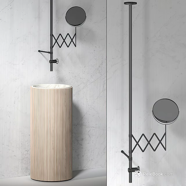 Cylindrical Wooden Washbasin Against Gray Wall With Black Metal Diamond Pattern Brackets And Round Mirrors 3d model 