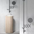 Cylindrical Wooden Washbasin Against Gray Wall With Black Metal Diamond Pattern Brackets And Round Mirrors