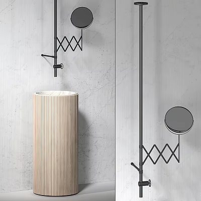 Cylindrical Wooden Washbasin Against Gray Wall With Black Metal Diamond Pattern Brackets And Round Mirrors 3d model