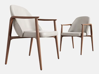 Two Modern Upholstered Dining Chairs With Light Beige Fabric And Walnut Wooden Frame 3d model
