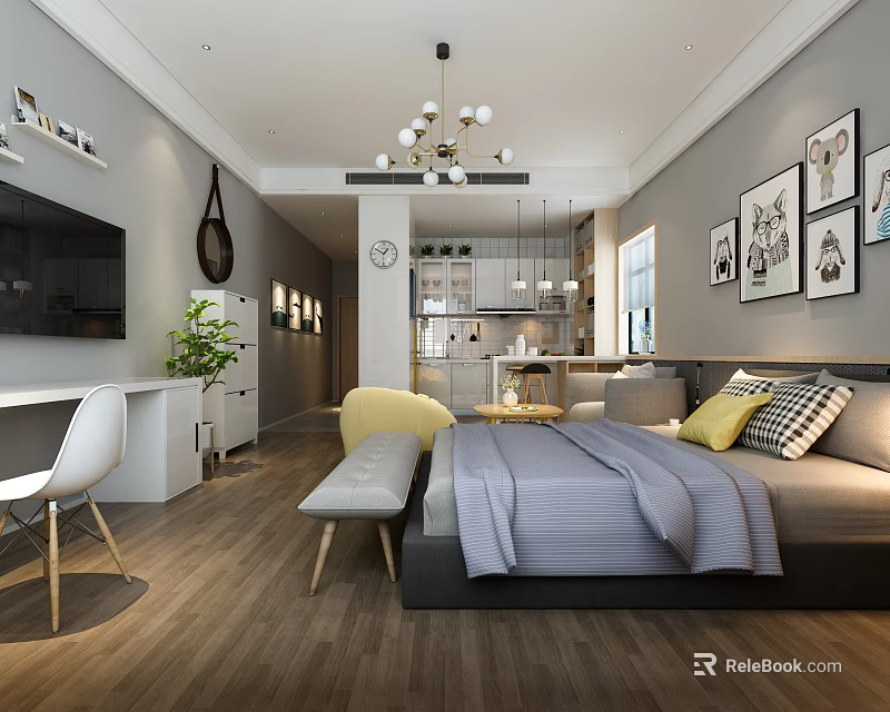 Modern Apartment Interior Design With Bed Sofa TV Pendant Light Plant And Wall Art 3d model 