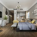 Modern Apartment Interior Design With Bed Sofa TV Pendant Light Plant And Wall Art