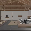 Spacious Zen Hotel Guest Room With Exposed Wooden Beam Ceiling And Cozy Minimalist Interior Design