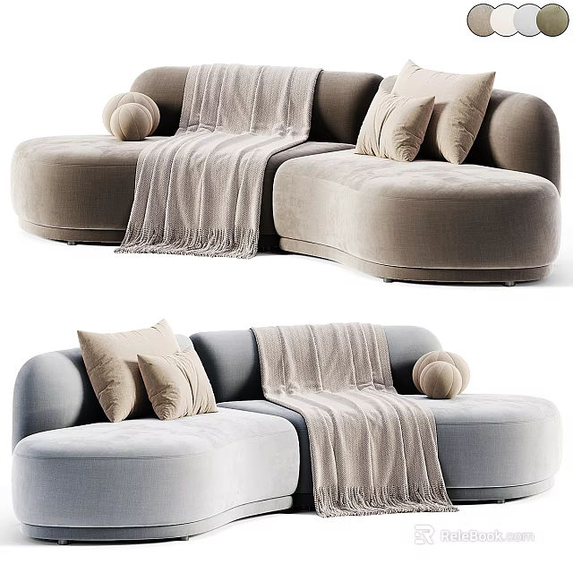 Modern Curved Sectional Sofa Design With Soft Throw Pillows And Cozy Blanket 3d model 
