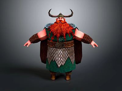 Game Movie Character Viking Warrior With Horned Helmet Red Beard Green Tunic And Chainmail Armor 3d model