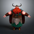 Game Movie Character Viking Warrior With Horned Helmet Red Beard Green Tunic And Chainmail Armor